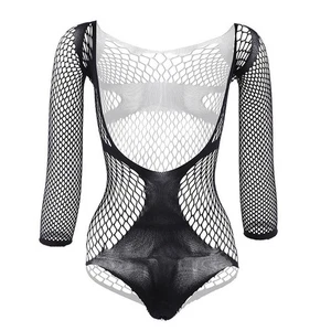 Mens Transparent Erotic Black Mesh Bodysuit Night Club Costume Jumpsuit - Picture 1 of 12