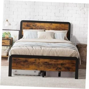 Metal Queen Platform Bed Frames with Rustic Wood Headboard, Queen Size Bed - Picture 1 of 8