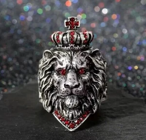 Crown King Lion Head Ring - Unisex Chunky Adjustable Ring, Statement Jewelry - Picture 1 of 12
