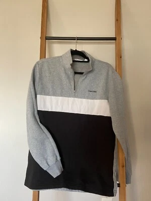 Calvin Klein 卫衣男式 M 黑色灰色白色拼色 25 美分拉链 — 第 1/4 张图片