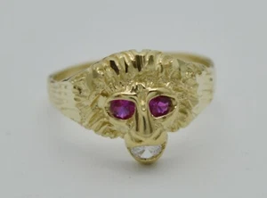 Real Solid 10K Yellow Gold Mens Red Eye Lion Head Ring 2.9 grams ALL SIZES - Picture 1 of 7
