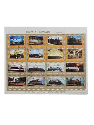 UMM AL QIWAIN 1972 LOCOMOTORAS/TRENES - Hoja de 16 estampillas - Raro - Ver fotos Foto 1 de 4