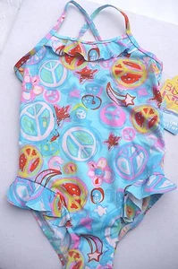 Bunz Kidz Swim Wear Swimsuit Cross back Bathing Suit Blue Peace Sign 1 pc New - Picture 1 of 5