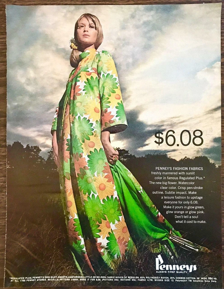 Penney's 1968 telas de moda reguladas plus anuncio impreso nuevo flor grande verde brillante  Foto 1 de 1
