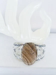 Picture Jasper & Silver Plated Bangle Bracelet 20cm Gemstone Jewellery - Picture 1 of 4
