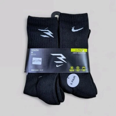 NIKE 3 Marca Niños Calcetines Crew Acolchados Transpirables Dri Fit Paquete de 6 Zapatos Talla 5Y-7Y Foto 1 de 3