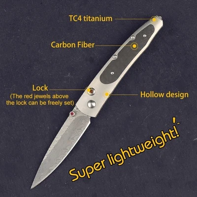 Vintage Carbon Fiber Titanium Handle Damascus Steel Blade Pocket Knife Henry - Image 1 of 4