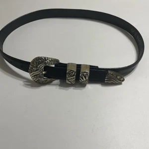 Cinturón de cuero negro Onyx Brighton talla 34 vaquero occidental punta plateada de colección 1996 - Imagen 1 de 10