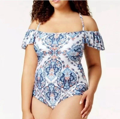 Becca By Rebecca Virtue Swimsuit Sz 1X Paisley Off Shoulders Lace Up Back NWT - Image 1 of 4