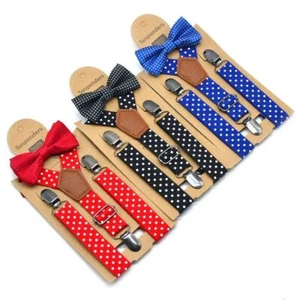 Kids Boys Girls Polka Dot Matching Elastic Braces Suspenders Bow Tie Set Wedding - Picture 1 of 21