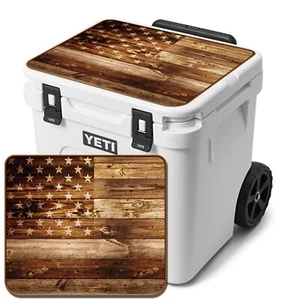 Vinyl Cooler Wrap fits YETI Roadie 60 WHEELED | Decal Skin - USA Flag Wood LID - Picture 1 of 10