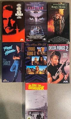 VHS BUNDLE 7 MOVIE TITLES ROBIN HOOD,HUNT FOR RED OCTOBER,CAPE FEAR,DELTA FORCE - Image 1 of 2