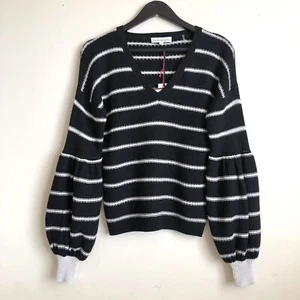 White + Warren Black White Striped V-Neck Long Balloon Sleeves Sweater Size S - Picture 1 of 7