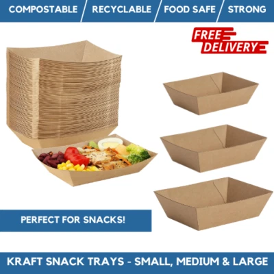 Kraft Boat Tray Hot & Cold Food Kraft Snack Tray Biodegradable Takeaway Meal Box - Image 1 of 3