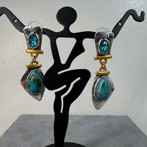 Gold & Silver Tone Blue Rhinestone Dangle & Drop Pierced Earrings - Picture 1 of 5