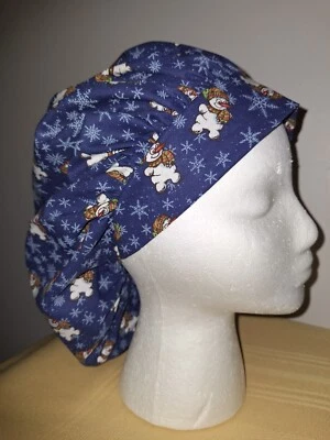Little Snowmen on Blue Medical Scrub Surgical Hat SIZE LARGE - Image 1 of 2
