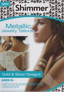 Neu Shimmer Metallic Temporäre 70 Tattoos Gold & Silber Designs Wie im TV gesehen - Bild 1 von 2