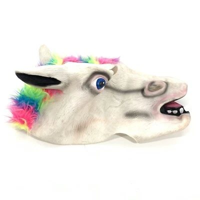 Latex Rainbow Mohawk Unicorn Mask Full Head Animal Mask Adult Horse White OS - Image 1 of 4