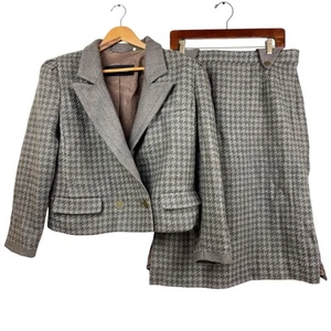 Louis Feraud Womens 2 Piece Set Houndstooth Jacket Blazer Skirt Wool Gray Sz 14 - Picture 1 of 16