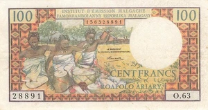 Madagaskar Madagascar 100 Francs 1966 P57a VF (Serie O63) - Bild 1 von 2