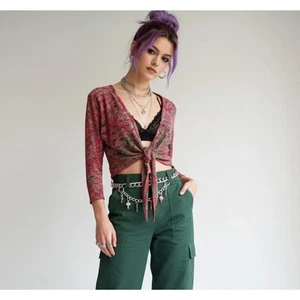 PLEAT PLEAT Pink and Green Crinkly Cropped Tie Front Cardigan Medium - Picture 1 of 7