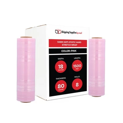 8 Rolls 18"x1500' Anti Stat Stretch Hand Film Shrink Wrap 80 Gauge Tint Pink - Image 1 of 4