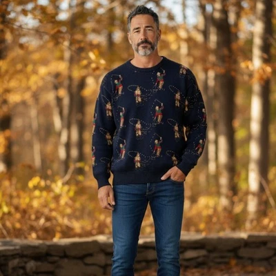 Tricots St Raphael Mens Sweater Blue  Fly Fisherman Made USA 100% Cotton Large - Image 1 of 4