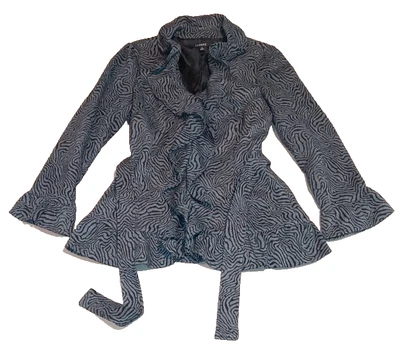 Sandro Studio 夹克女式 M 码黑色斑马印花荷叶边装饰腰带按扣 — 第 1/4 张图片