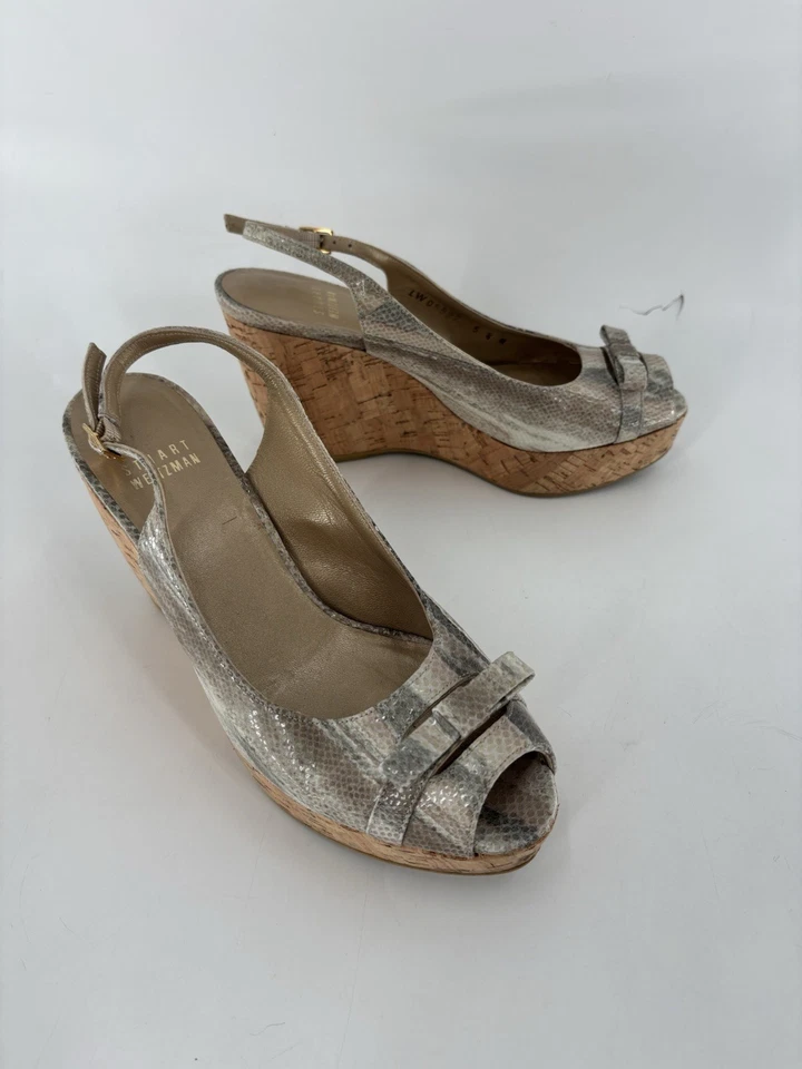 Stuart Weitzman Dayna Cork Wedges Womens 5.5 Beige Snake Print Peep Toe Buckle - Image 1 of 4