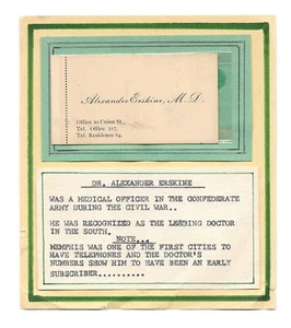 Biglietto da visita vintage ALEXANDER ERSKINE MD guerra civile medico confederato Memphis - Foto 1 di 1