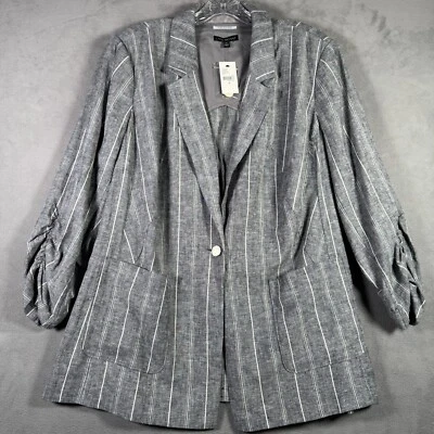 Blazer Lane Bryant Mujer 22 Gris Blanco Rayas Mezcla Lino Manga 3/4 Oficina NUEVO Foto 1 de 4