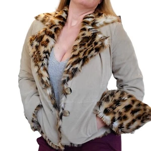 Y2K Tan Suede Leather Faux Fur Leopard Lining Collar Teddy Beige Brown Sz Small - Picture 1 of 12