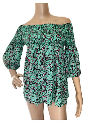 MAJE 'Lafine' Off-the-Shoulder Green Floral-Print Smocked Top Size Small - Image 1 of 4