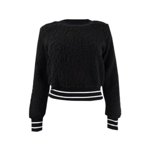 Jenni Womens Pajama Top Black White Cropped Faux Sherpa Round Neck L/S NWT - Picture 1 of 10