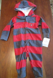 New NWT Carters Boy Gray Red Stripe Fleece Penguin Hooded Romper Creeper 9 month - Picture 1 of 5