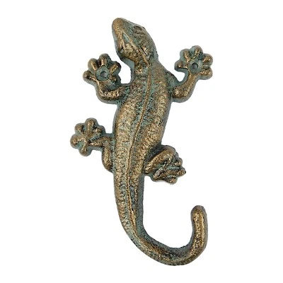Green Gold Cast Iron Lizard Wall Hook Gecko Key Coat Towel Hanger Bathroom Decor - Image 1 of 4