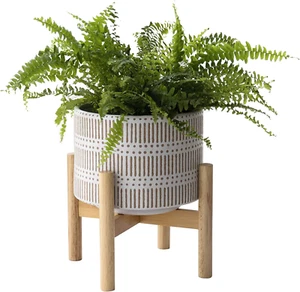 Ceramic Plant Pot with Wood Stand - 7.3 Inch Modern round Decorative Flower Pot - Picture 1 of 12