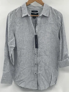 Tahari Linen Button Down Shirt Women Medium Blue White Striped Long Sleeve Hood - Picture 1 of 10