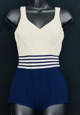 Traje de baño vintage años 50 azul marino blanco una pieza algodón náutico pin up XS S Foto 1 de 4
