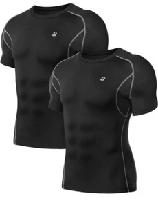 Roadbox Men Compression Tops UV Running Shirts 2 Pack Exercise Gym Tee Black-L - Picture 1 of 6