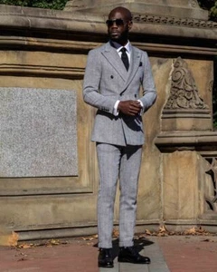 Double Breasted Light Gray Men Suit Tweed Herringbone Groom Tuxedo Prom 2 Piece - Picture 1 of 9