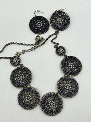 Conjunto de collar y pendientes étnicos tribales llamativos latón esmalte azul mandala 19" Foto 1 de 4