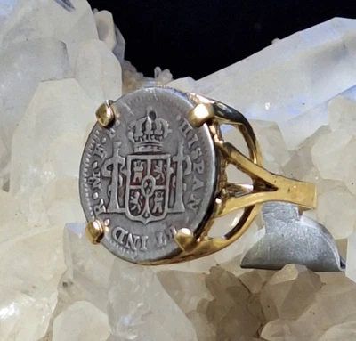 1783  1/2 Real Spanish Coin Charles 111. Mounted In 14 K Solid Gold Ring  - Image 1 of 4