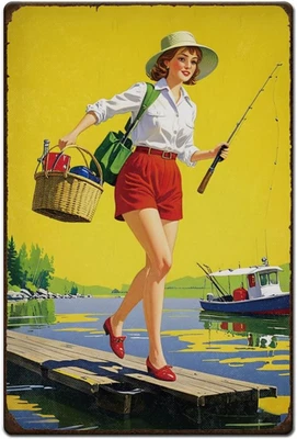 Fisch Blechschild Angelmädchen Retro Metallschild Wandtafel Bar Männerhöhle - Bild 1 von 4