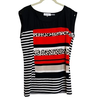 Calvin Klein Womens Sleeveless Top M Black Stripe Leopard Red Colorblock Stretch - Image 1 of 4
