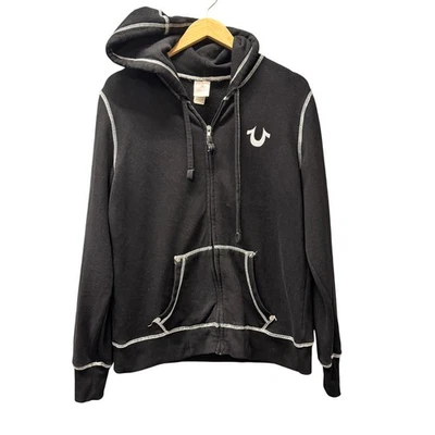 True Religion Sudadera con Capucha Mujer Grande Cremallera Completa Chaqueta Negra Logo Bling + Bolsillos Foto 1 de 4