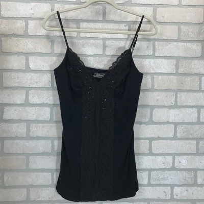 Vintage Y2K Guess Tank Top Cami Women's XL Black Lace Bling Whimsygoth Witchy - Image 1 of 4