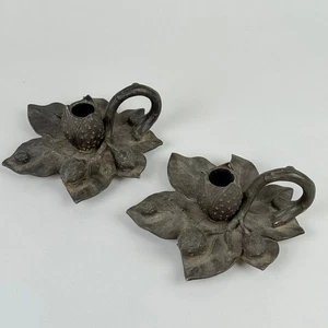 Pair of Vintage Cast Metal Leaf & Bud Motif Chamberstick Candle Holders - Picture 1 of 13