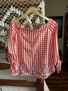 NWT Crown & Ivy Women's Orange White Plaid  Cotton Blouse, Size Medium Beautiful - Picture 1 of 12