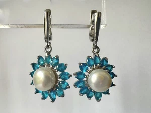 Eye catching Apatite or Peridot White Pearls 925SS Earrings, Dandle Drop - Picture 1 of 7